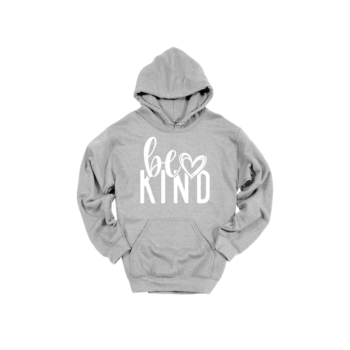 Be Kind Heart design on a Sport Gray adult hoodie, front view.
