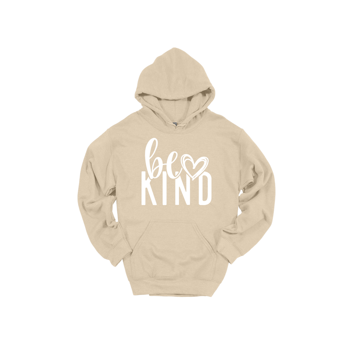 Be Kind Heart design on a Sand adult hoodie, front view.