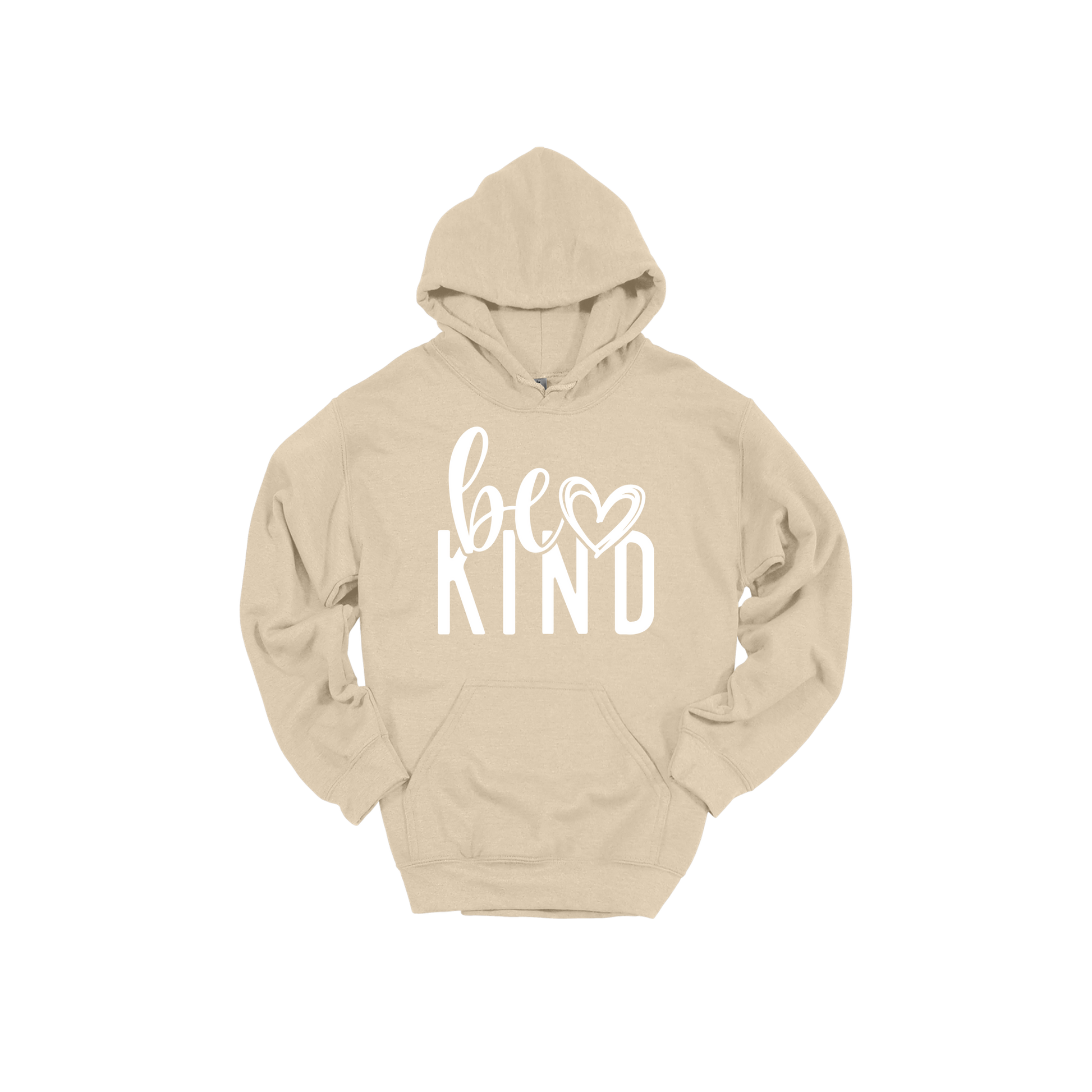 Be Kind Heart design on a Sand adult hoodie, front view.