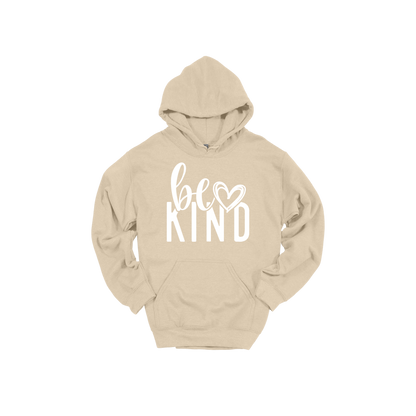 Be Kind Heart design on a Sand adult hoodie, front view.