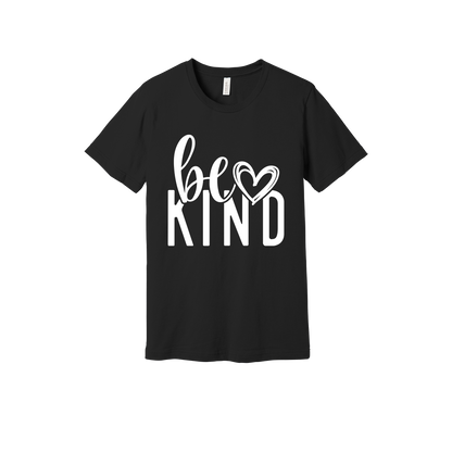 Be Kind Heart design on a Black adult T-shirt, front view.