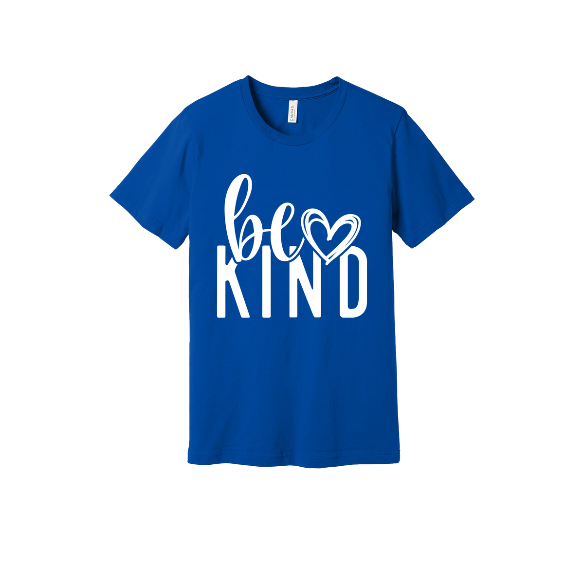Be Kind Heart design on a Royal Blue adult T-shirt, front view.