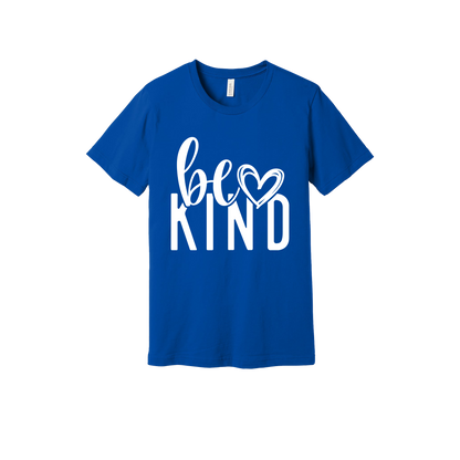 Be Kind Heart design on a Royal Blue adult T-shirt, front view.