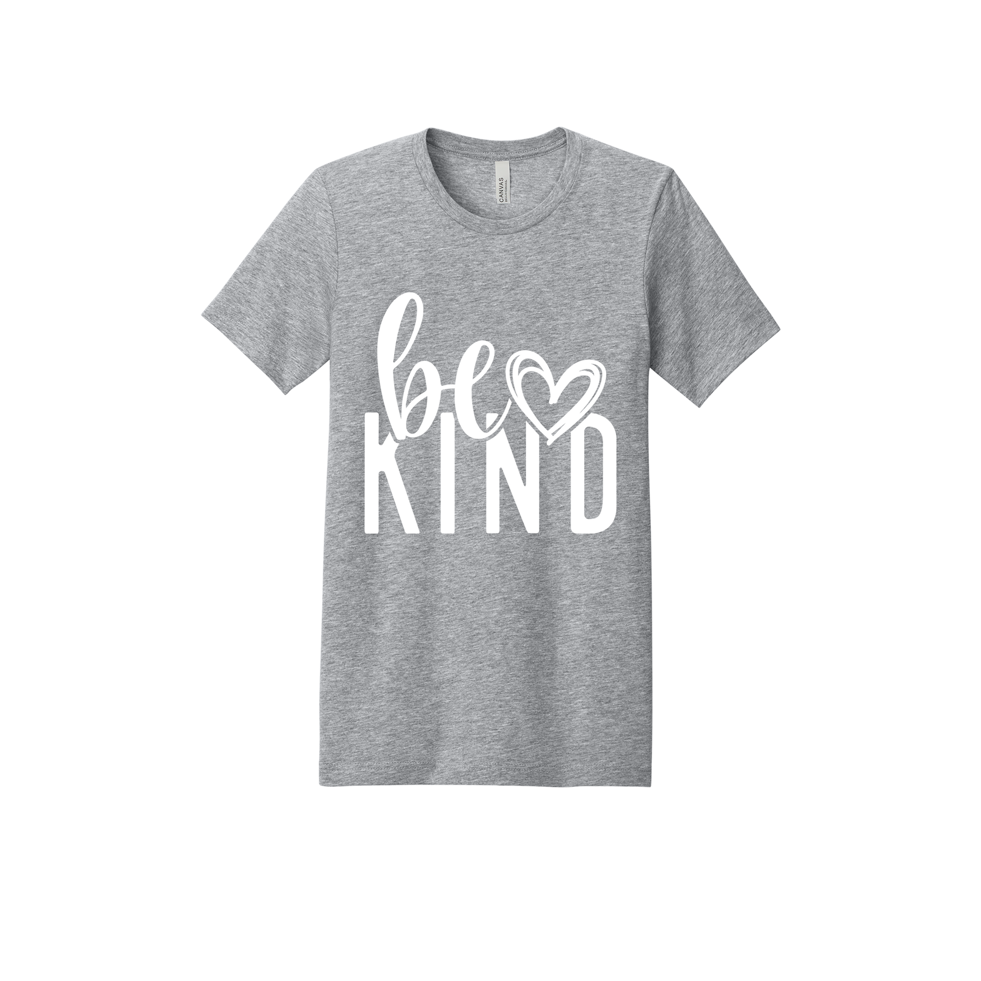 Be Kind Heart design on a Heather Athletic Gray adult T-shirt, front view.