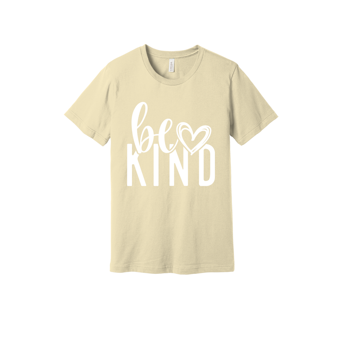 Be Kind Heart design on a Natural adult T-shirt, front view.