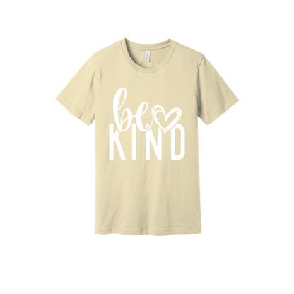 Be Kind Heart design on a Natural adult T-shirt, front view.