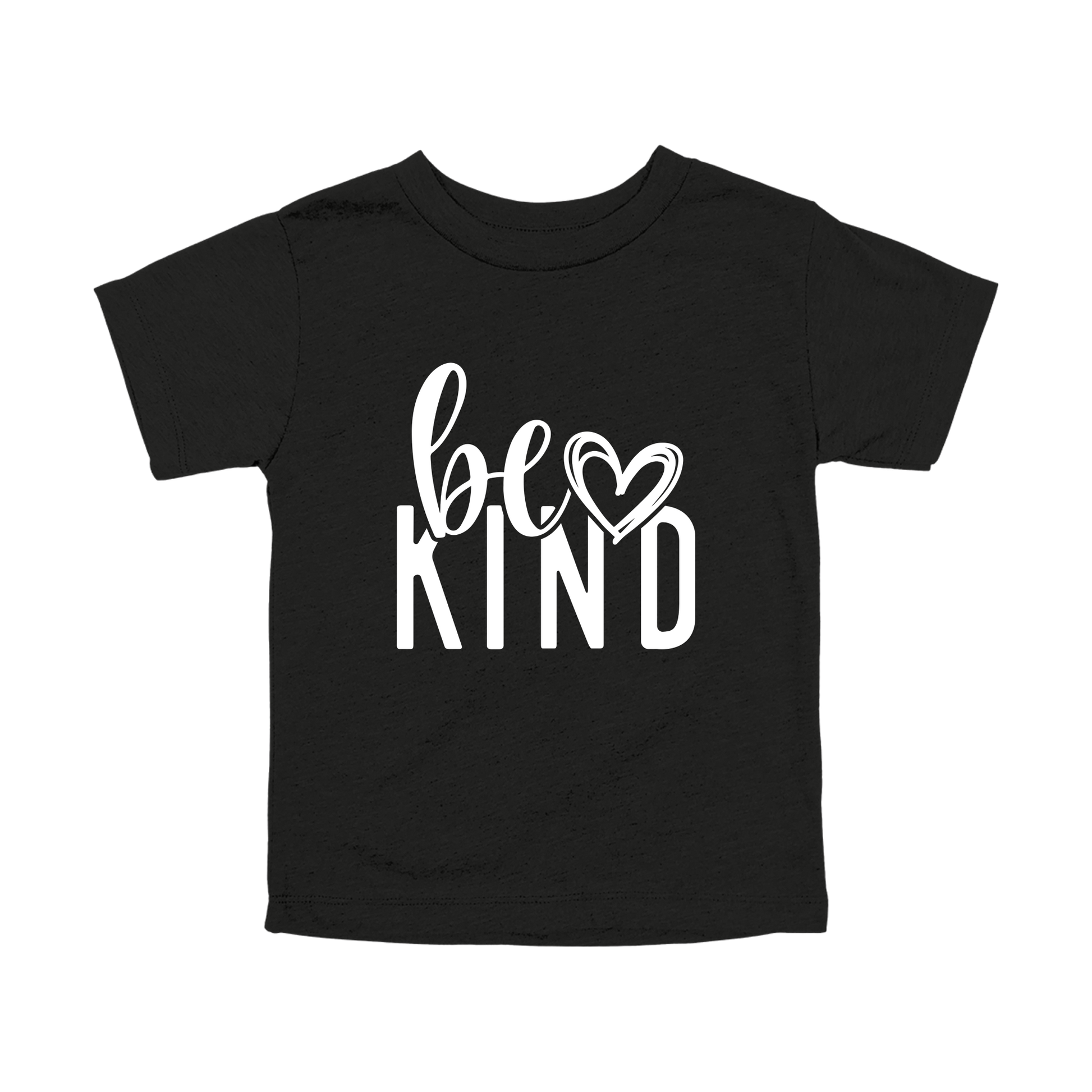 Be Kind Heart design on a Black toddler T-shirt, front view.