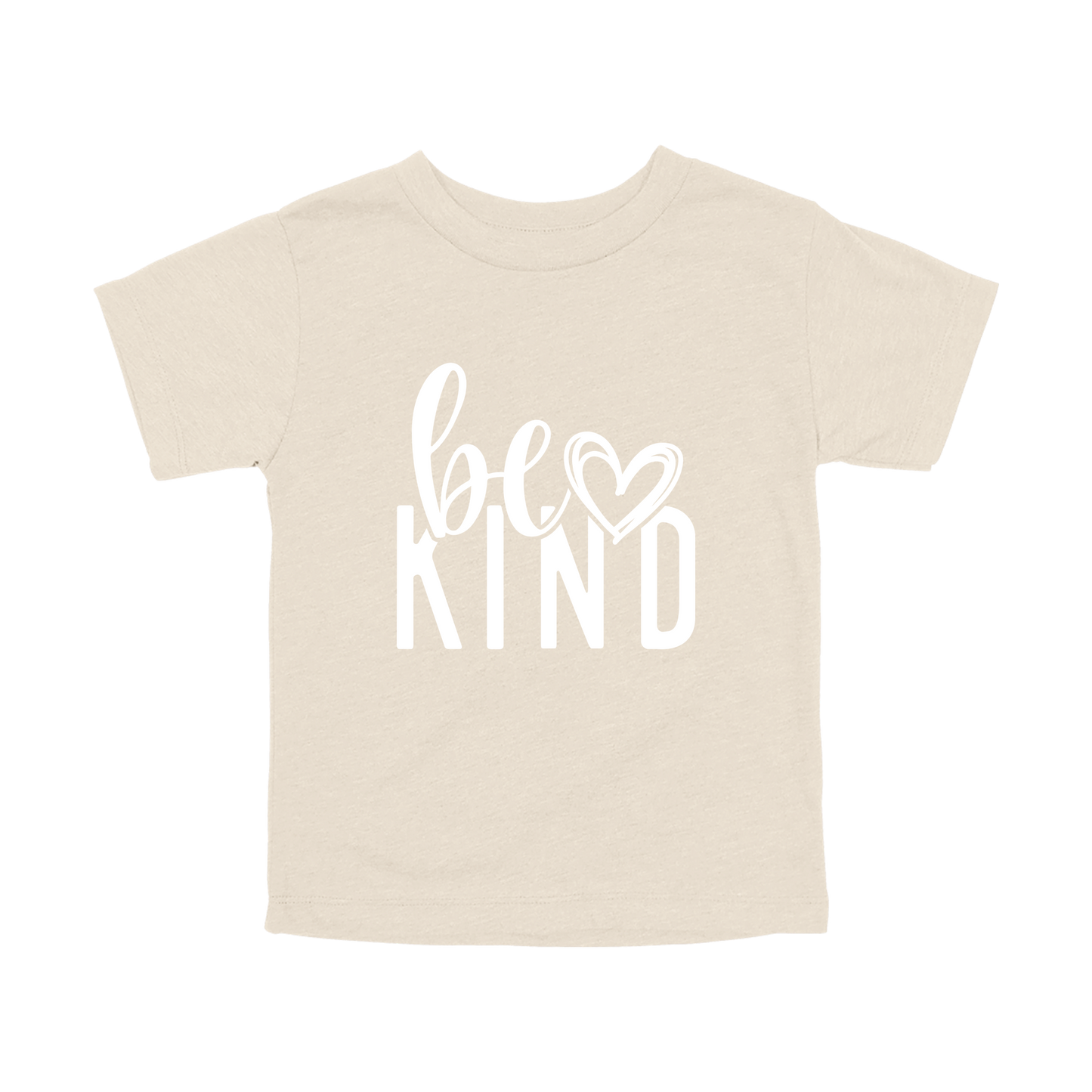 Be Kind Heart design on a Natural toddler T-shirt, front view.