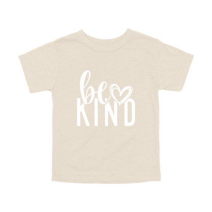 Be Kind Heart design on a Natural toddler T-shirt, front view.
