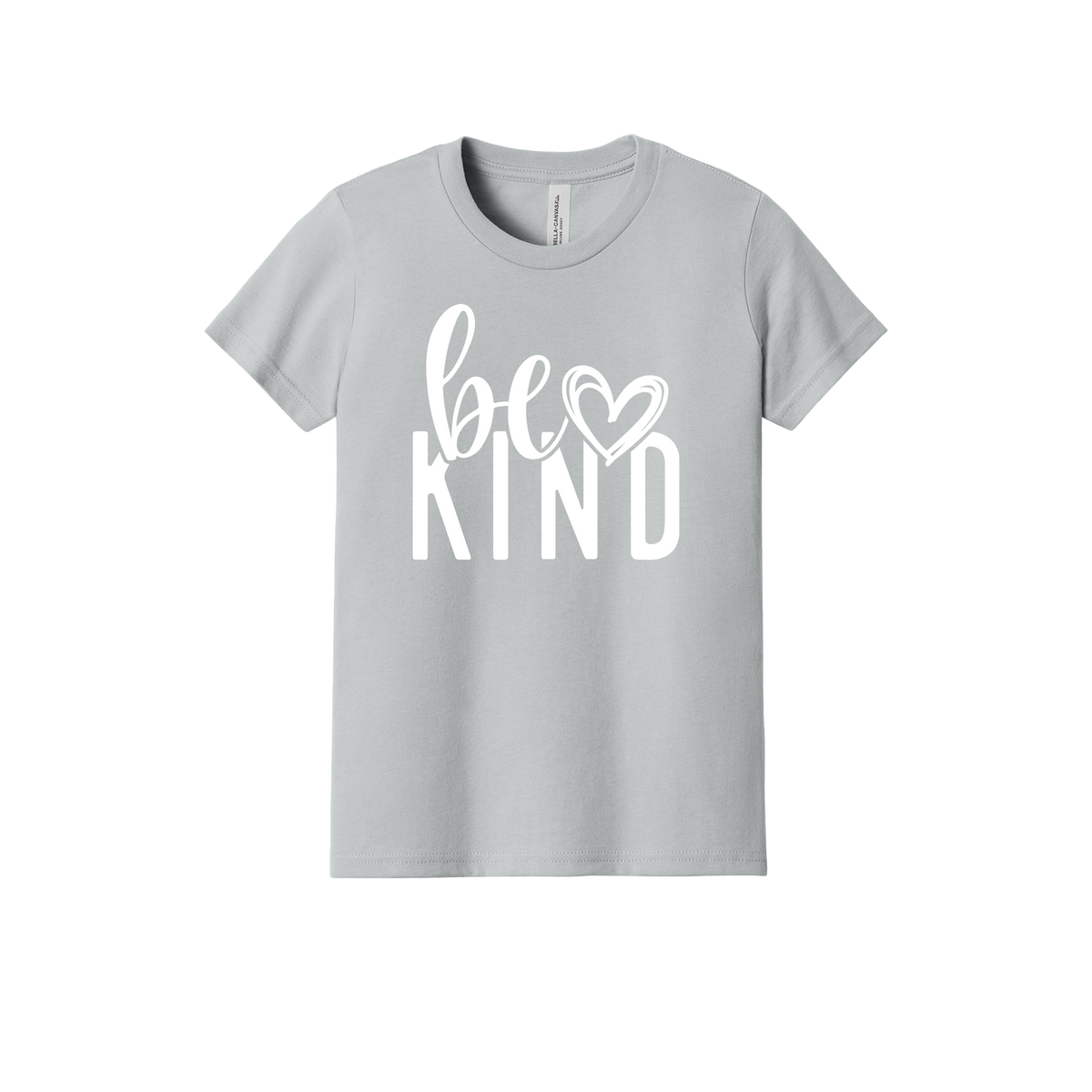 Be Kind Heart design on a Heather Athletic Gray youth T-shirt, front view.