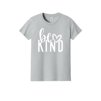 Be Kind Heart design on a Heather Athletic Gray youth T-shirt, front view.