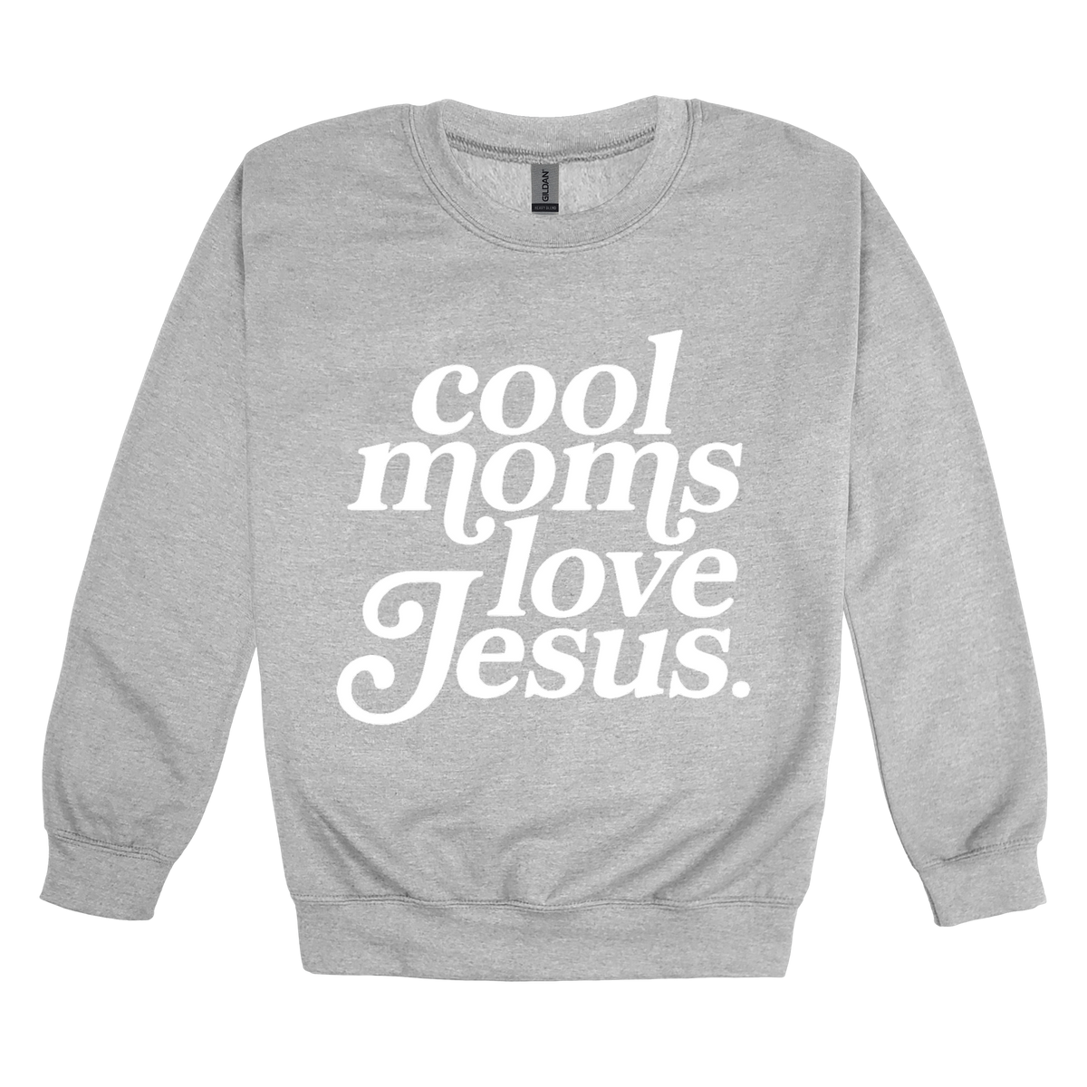Cool Moms Love Jesus - White Design design on a Sport Gray adult crewneck sweatshirt, front view.