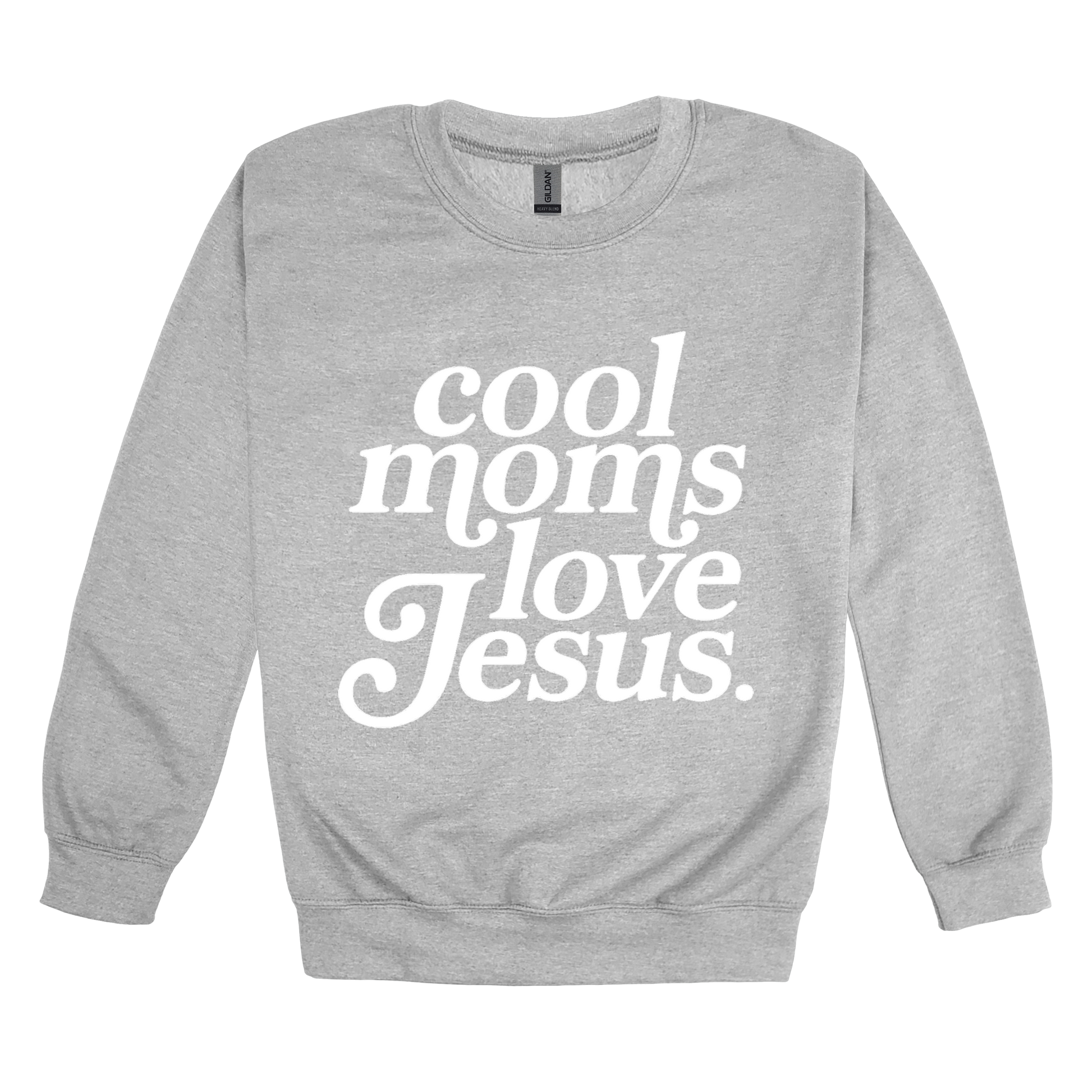 Cool Moms Love Jesus - White Design design on a Sport Gray adult crewneck sweatshirt, front view.