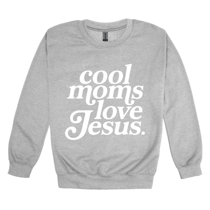 Cool Moms Love Jesus - White Design design on a Sport Gray adult crewneck sweatshirt, front view.