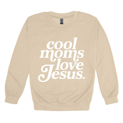 Cool Moms Love Jesus - White Design design on a Sand adult crewneck sweatshirt, front view.