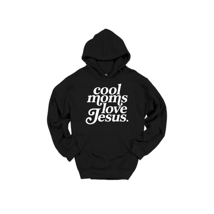 Cool Moms Love Jesus - White Design design on a Black adult hoodie, front view.