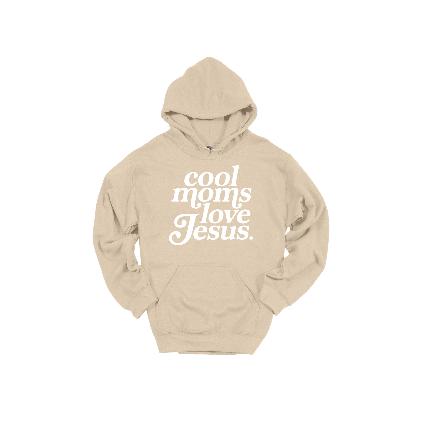 Cool Moms Love Jesus - White Design design on a Sand adult hoodie, front view.