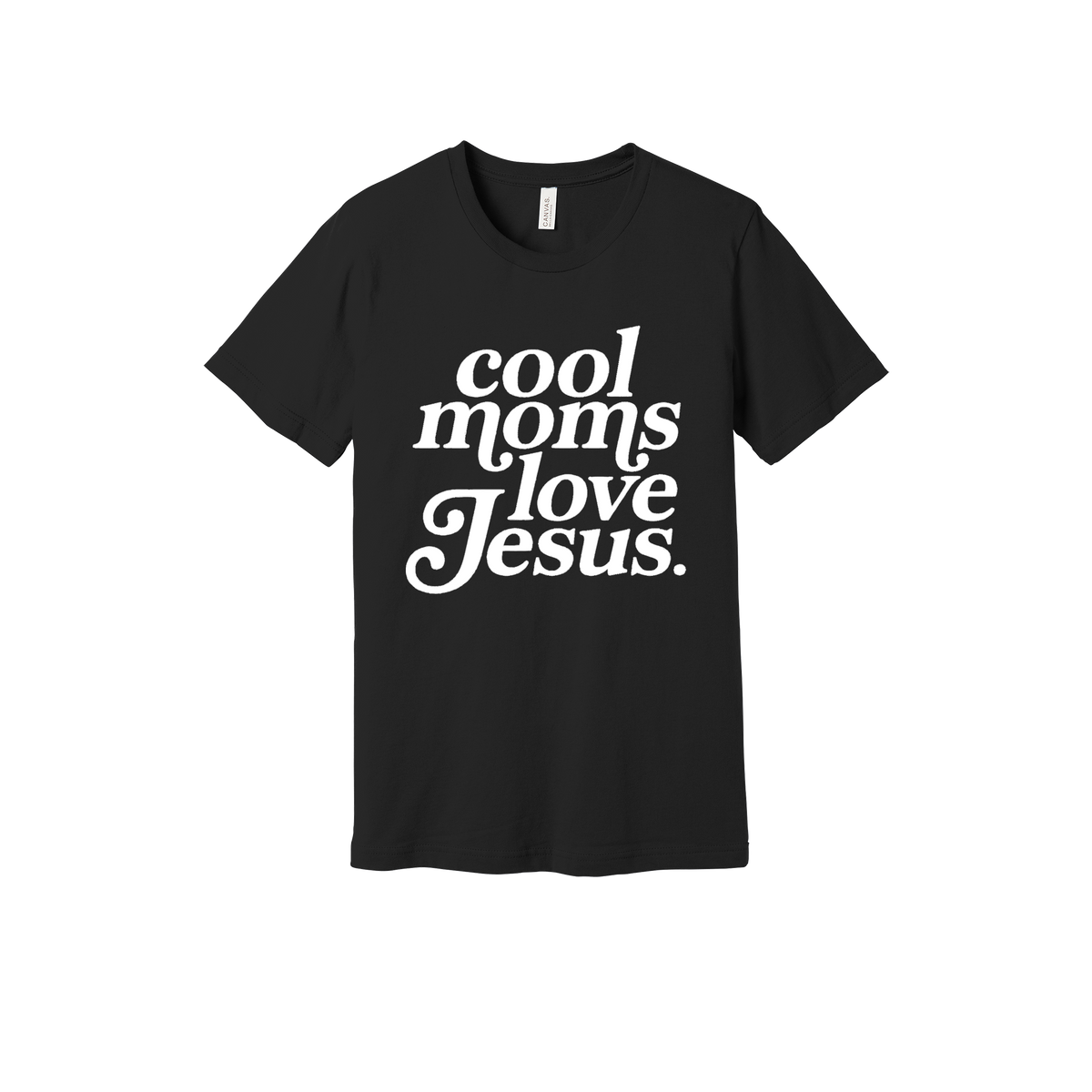 Cool Moms Love Jesus - White Design design on a Black adult T-shirt, front view.