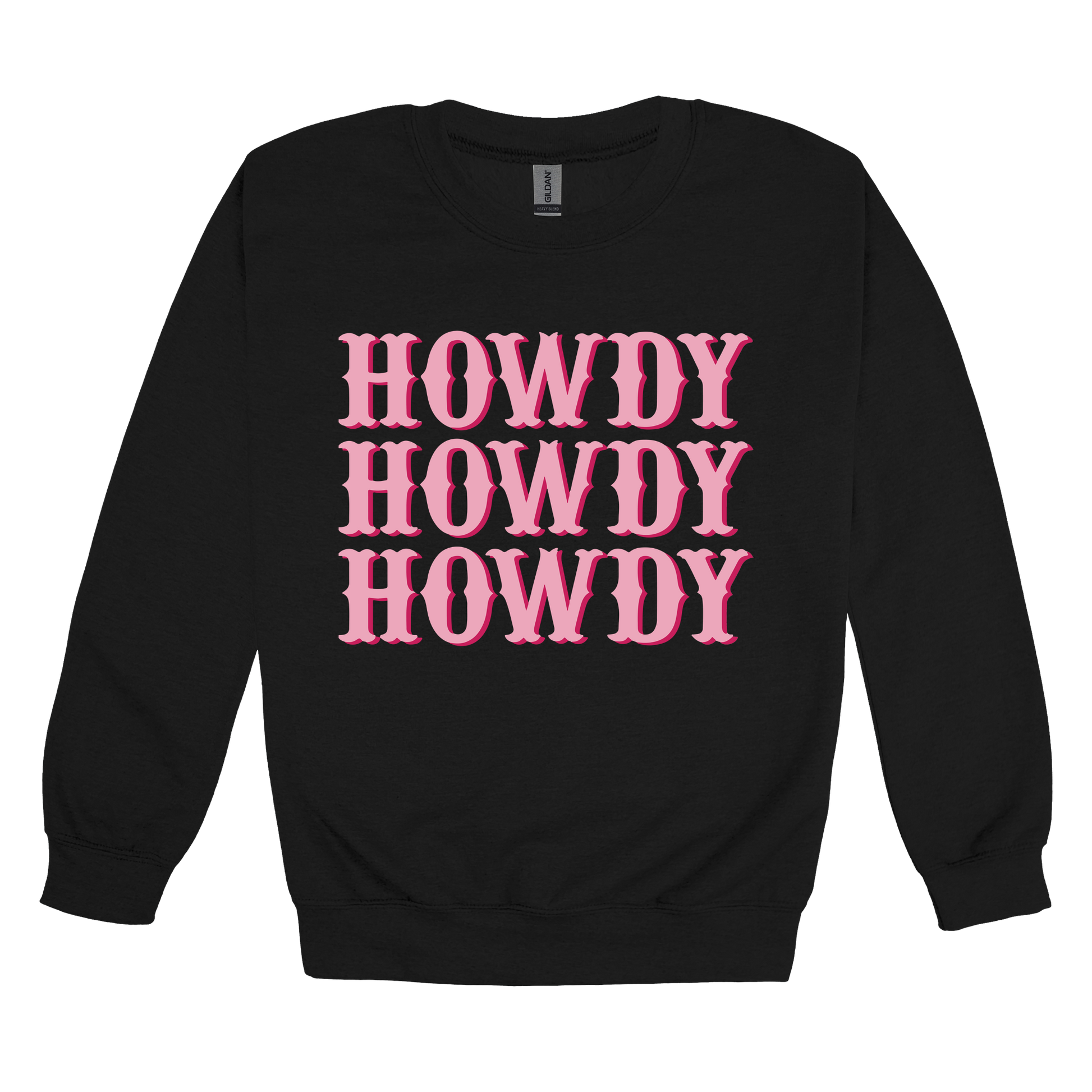 Howdy design on a Black adult crewneck sweatshirt, front view.