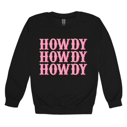 Howdy design on a Black adult crewneck sweatshirt, front view.