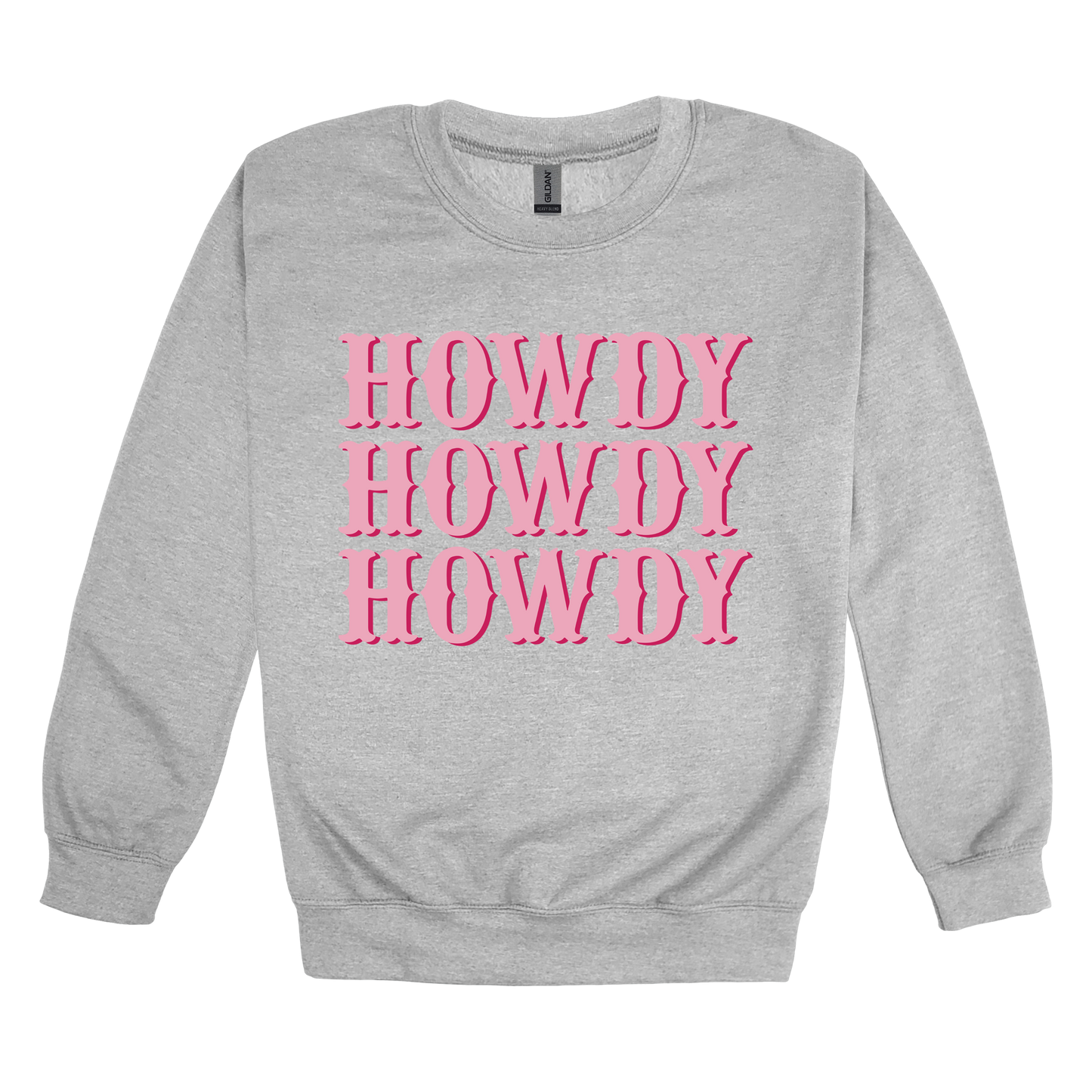 Howdy design on a Sport Gray adult crewneck sweatshirt, front view.
