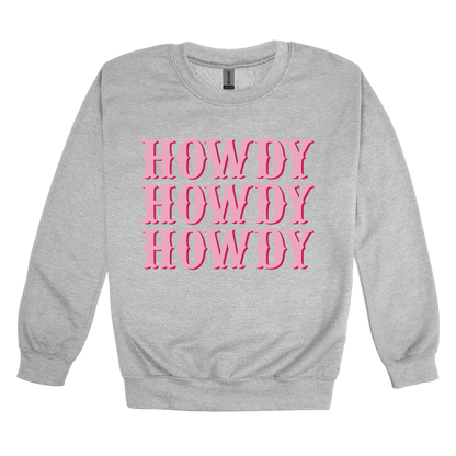 Howdy design on a Sport Gray adult crewneck sweatshirt, front view.