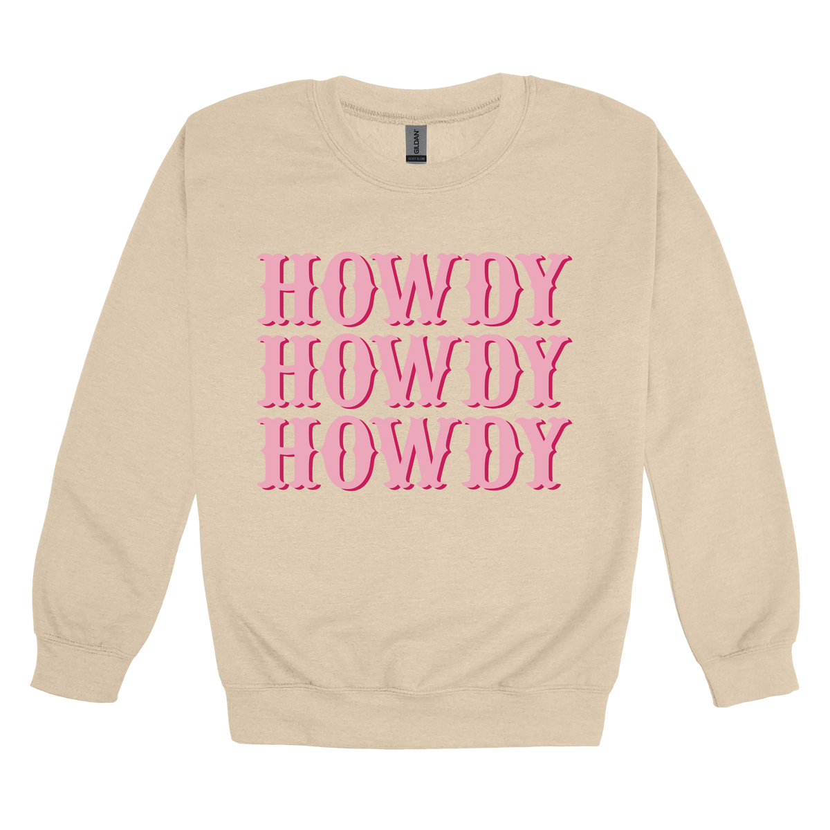 Howdy design on a Sand adult crewneck sweatshirt, front view.