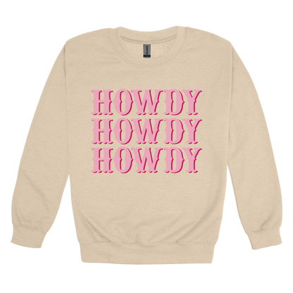 Howdy design on a Sand adult crewneck sweatshirt, front view.