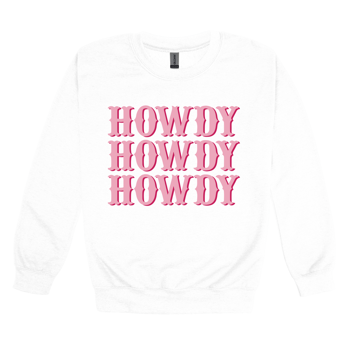 Howdy design on a White adult crewneck sweatshirt, front view.