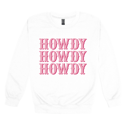 Howdy design on a White adult crewneck sweatshirt, front view.
