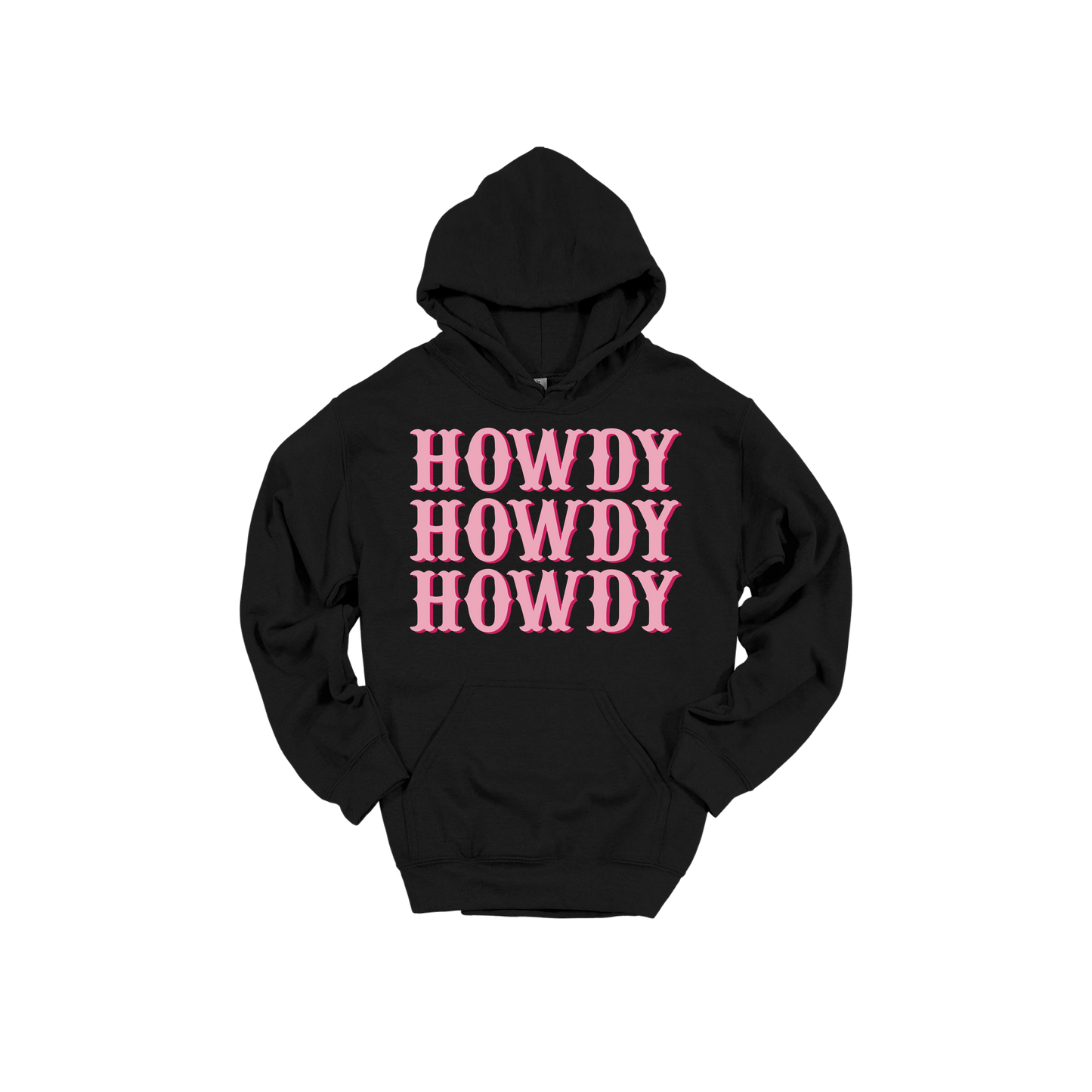 Howdy design on a Black adult hoodie, front view.