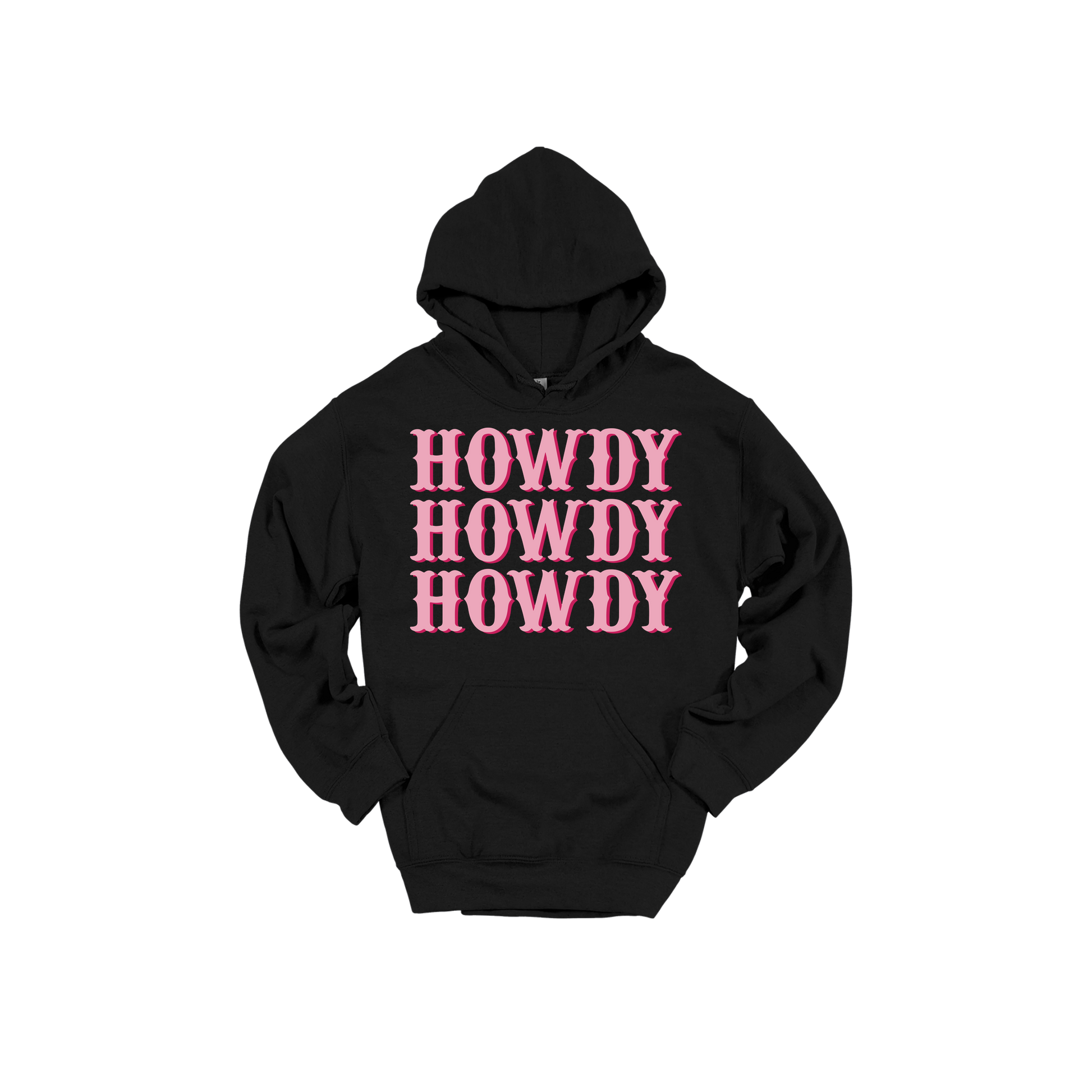 Howdy design on a Black adult hoodie, front view.
