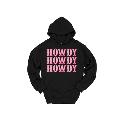 Howdy design on a Black adult hoodie, front view.