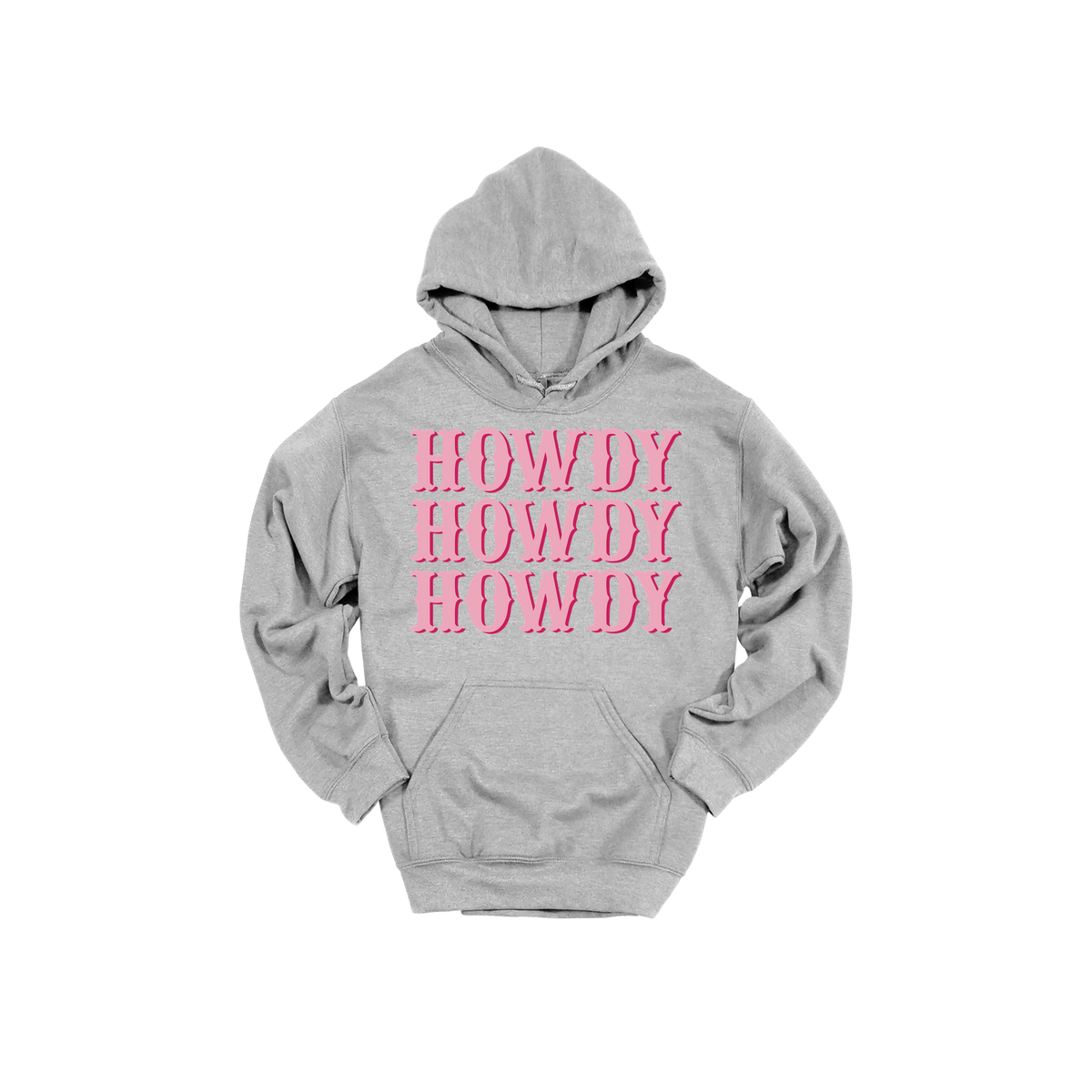 Howdy design on a Sport Gray adult hoodie, front view.