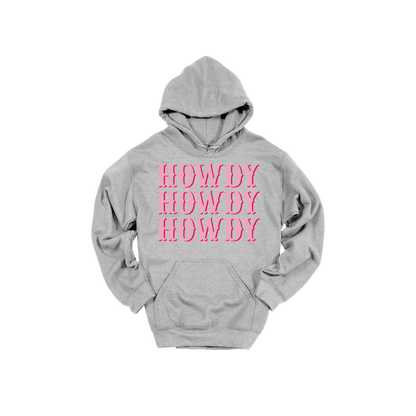 Howdy design on a Sport Gray adult hoodie, front view.