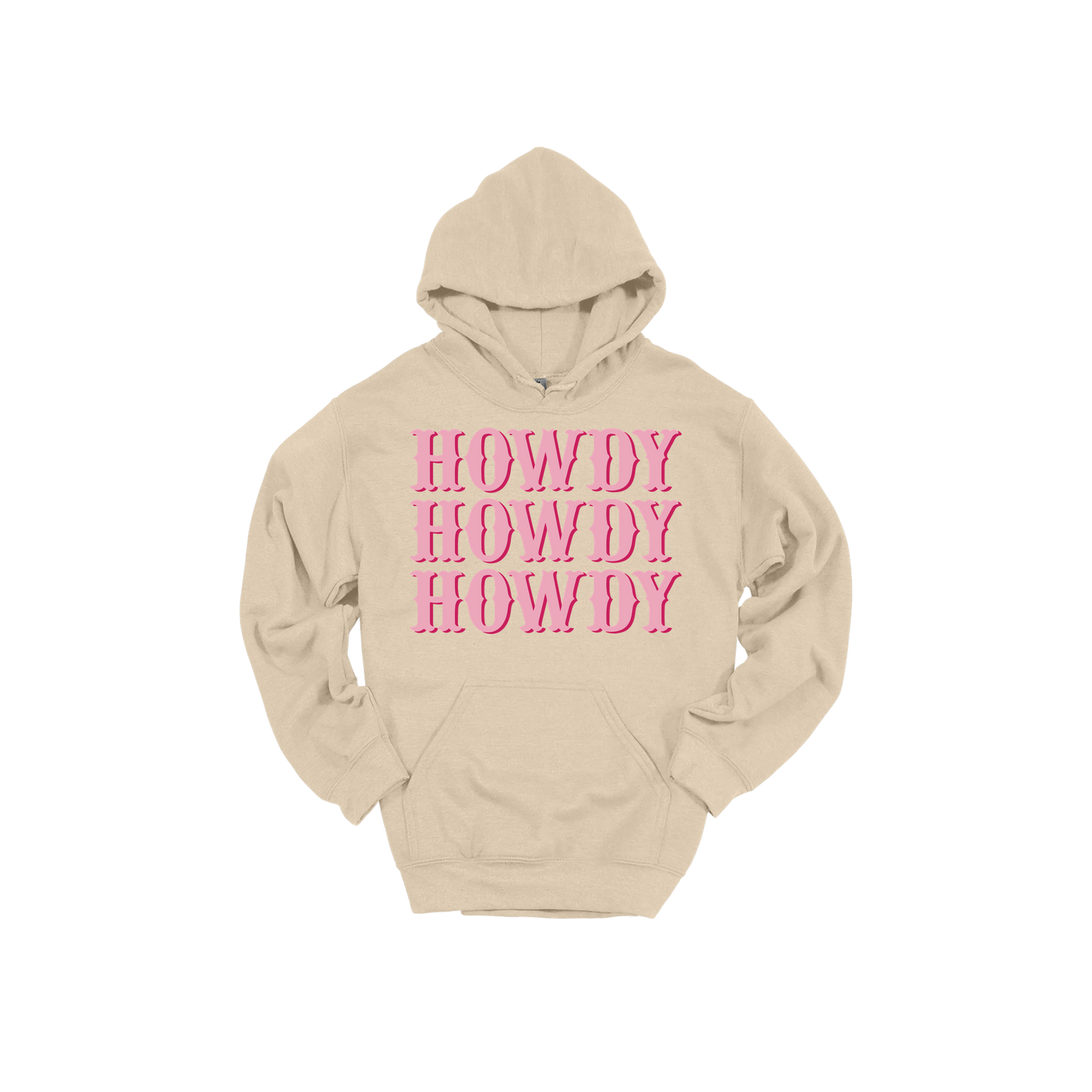 Howdy design on a Sand adult hoodie, front view.