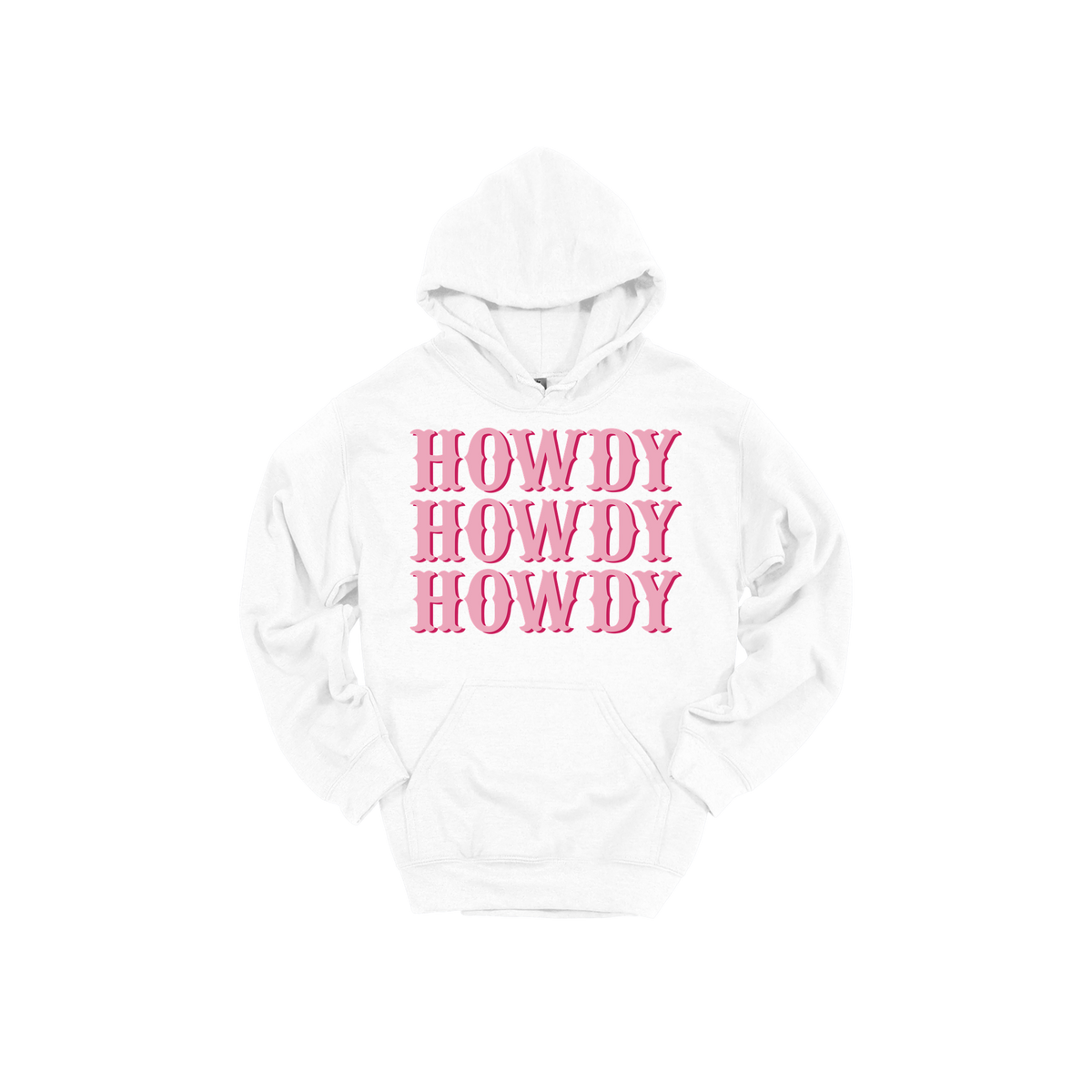 Howdy design on a White adult hoodie, front view.