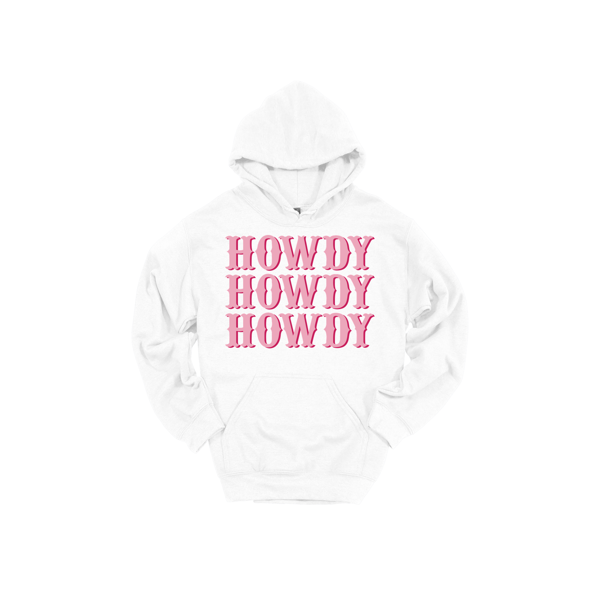 Howdy design on a White adult hoodie, front view.