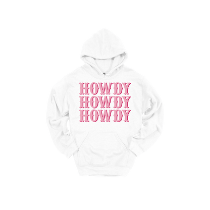 Howdy design on a White adult hoodie, front view.