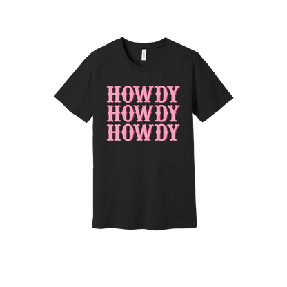 Howdy design on a Black adult T-shirt, front view.