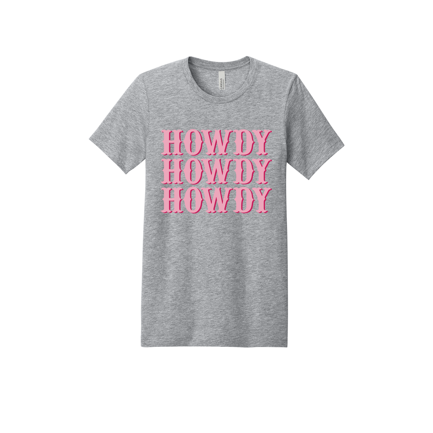 Howdy design on a Heather Athletic Gray adult T-shirt, front view.