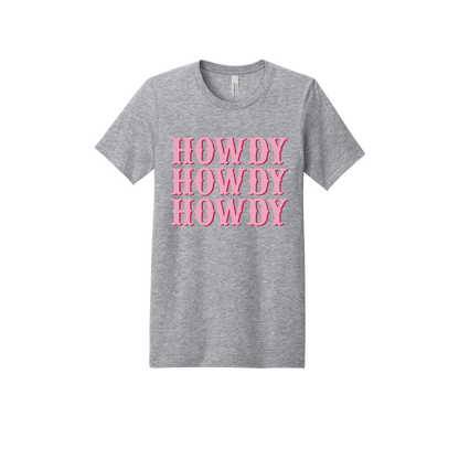 Howdy design on a Heather Athletic Gray adult T-shirt, front view.
