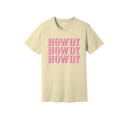 Howdy design on a Natural adult T-shirt, front view.