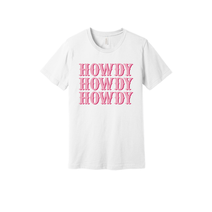 Howdy design on a White adult T-shirt, front view.