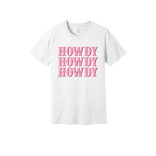 Howdy design on a White adult T-shirt, front view.