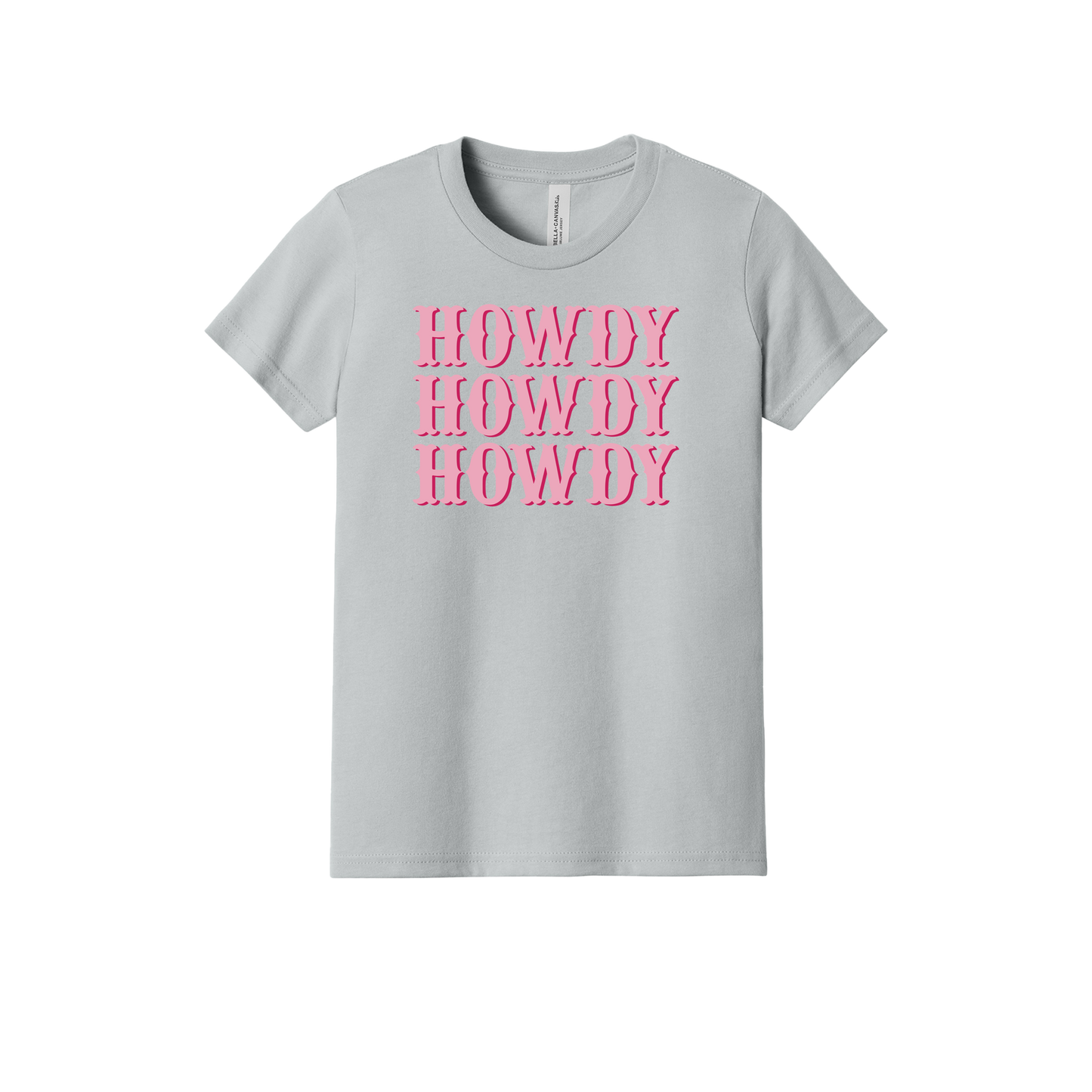 Howdy design on a Heather Athletic Gray youth T-shirt, front view.