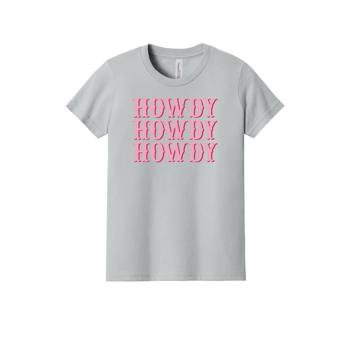 Howdy design on a Heather Athletic Gray youth T-shirt, front view.