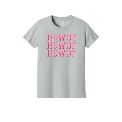 Howdy design on a Heather Athletic Gray youth T-shirt, front view.