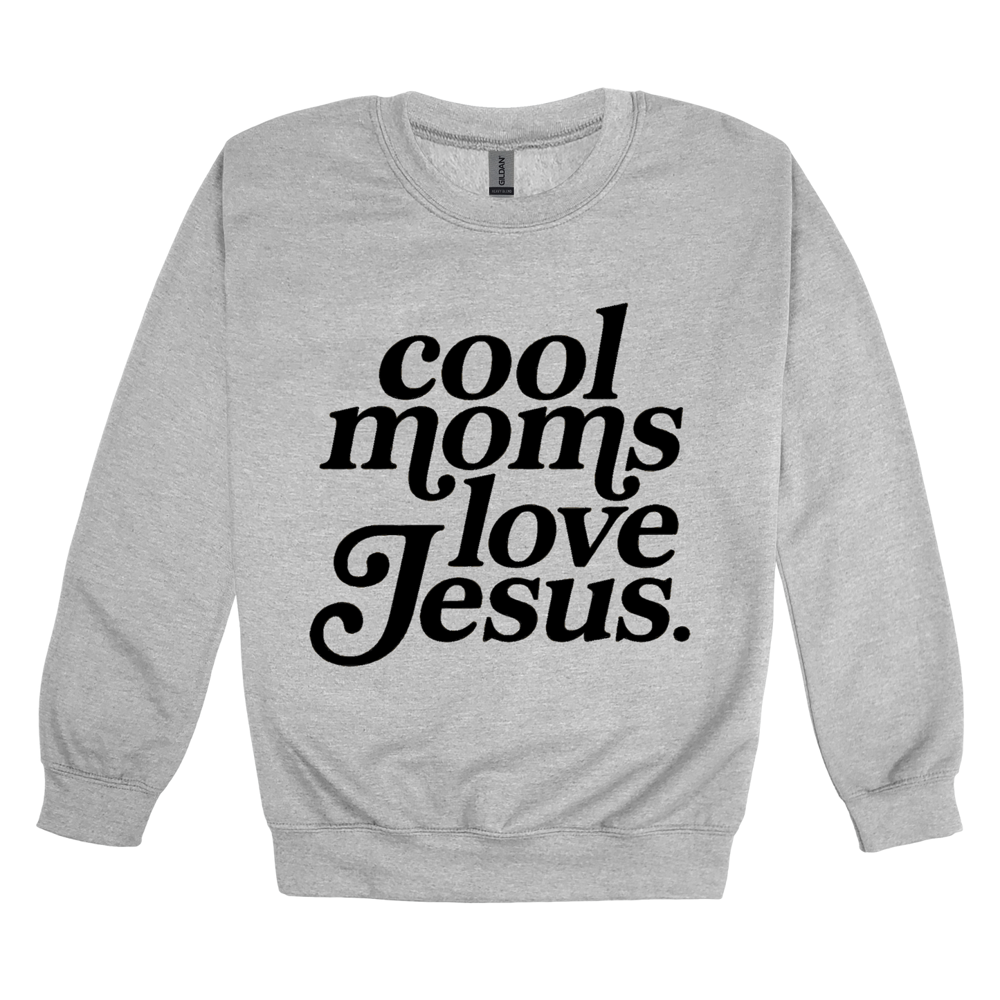 Cool Moms Love Jesus - Black Design design on a Sport Gray adult crewneck sweatshirt, front view.