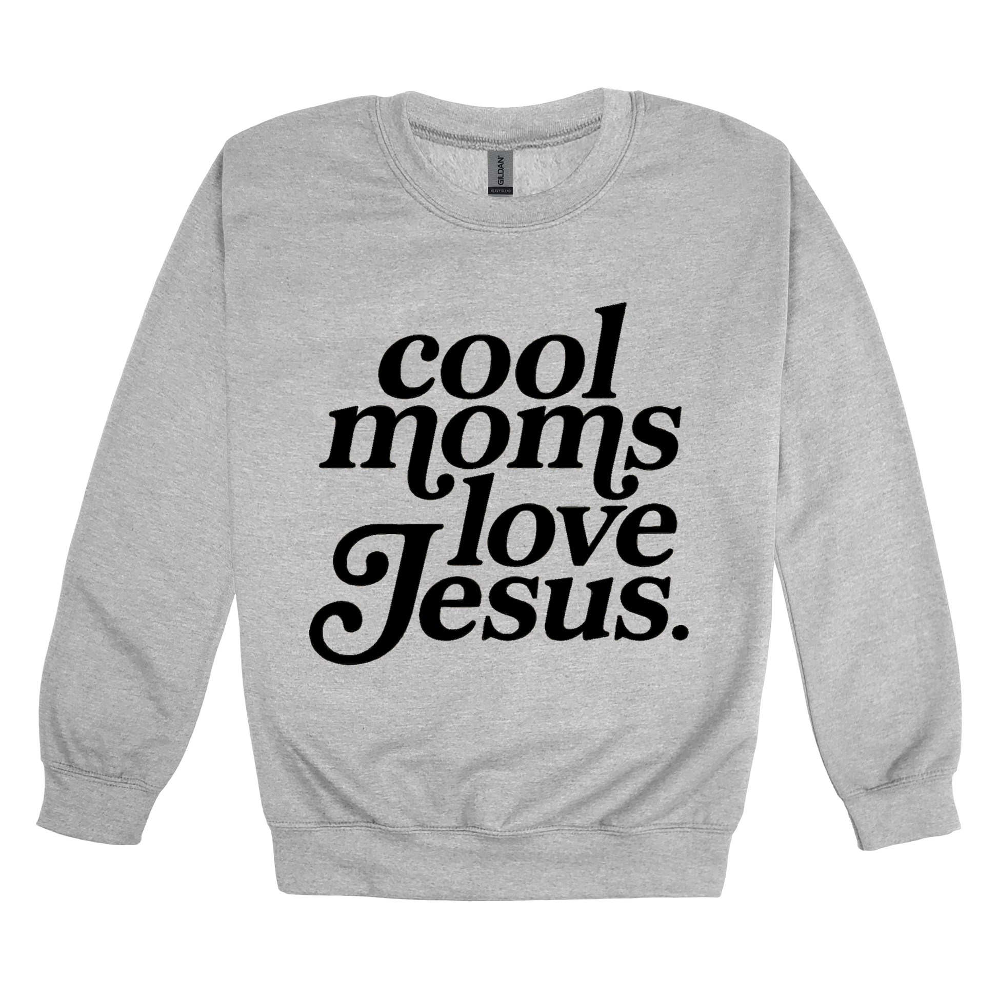 Cool Moms Love Jesus - Black Design design on a Sport Gray adult crewneck sweatshirt, front view.